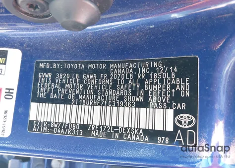 2015 Toyota Corolla S Plus from USA, damaged, VIN 2T1BURHE7FC319363